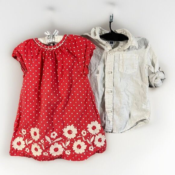 Baby Boden Dress Polka Dot Flower 12-18M & Janie & Jack Linen Shirt 2T Bundle - Picture 1 of 6